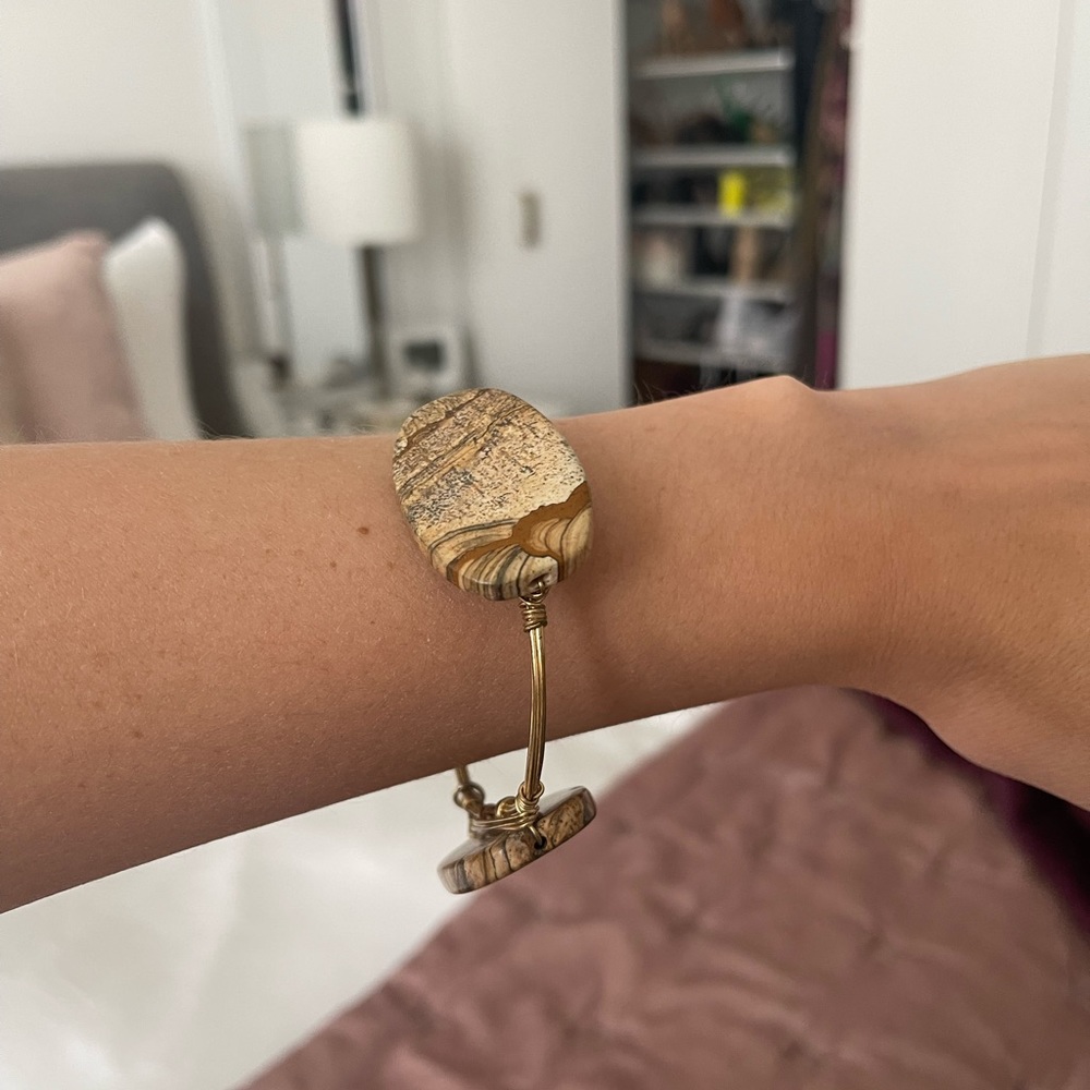 Bourbon and Bowties Three Stone Brown and Gold Bangle Bracelet